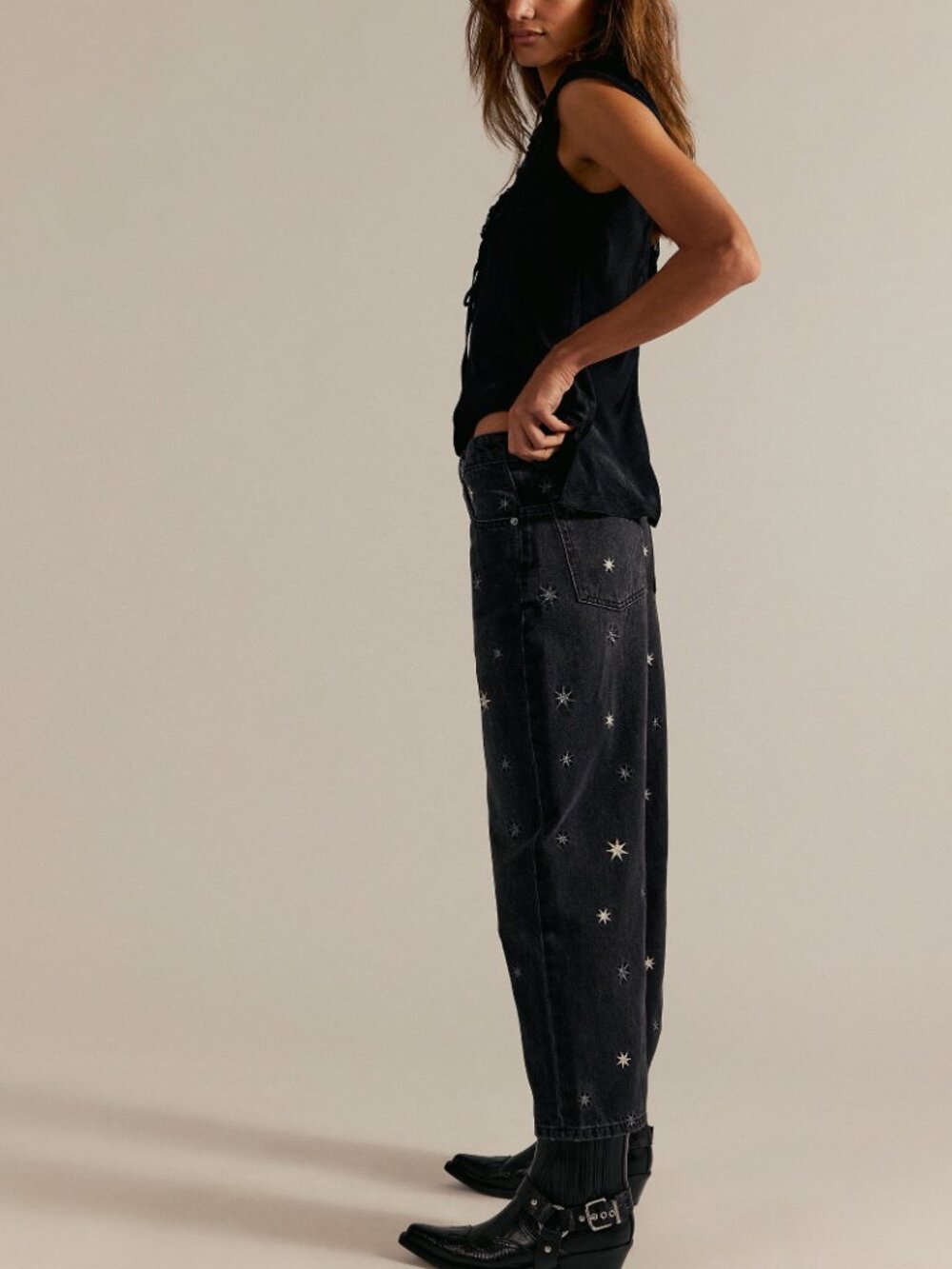 FREE PEOPLE Deep Trance Shine Embroidered Boyfriend Jean / Starry Combo - Picture 3 of 4